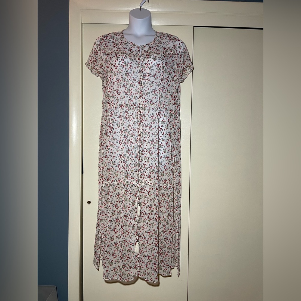 DR2 by Daniel Rain sheer floral duster dress drawstring waist button close large